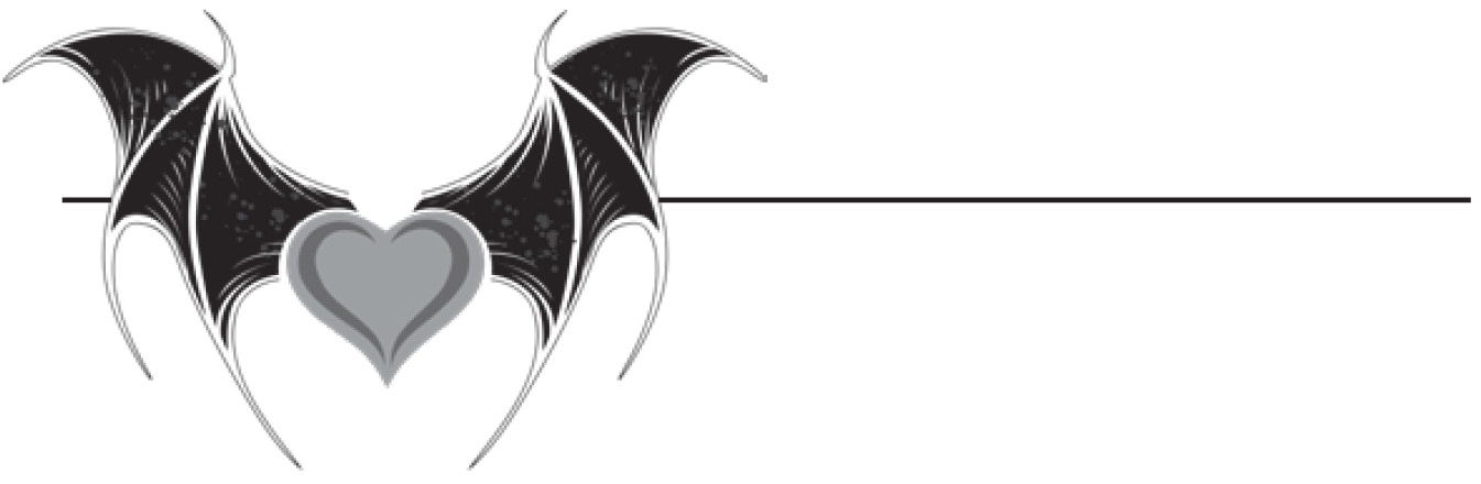 A stylized design featuring bat wings surrounding a heart, with a simple line extending horizontally.