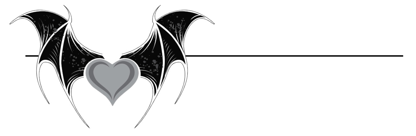 A stylized design featuring bat wings surrounding a gray heart, with a horizontal line beneath.