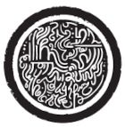 A circular design featuring intricate, abstract patterns in black and white.