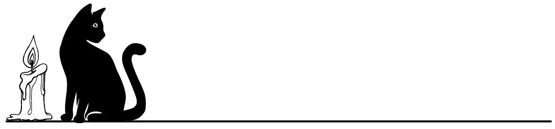 A silhouette of a black cat sitting beside a melting candle on a plain background.