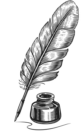 A vintage ink bottle with a quill pen resting beside it, illustrated in a detailed black and white style.
